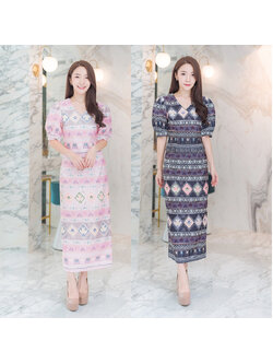kudapy เดรสยาวสีชมพู/สีกรม คอวีแขนตุ๊กตาลายไทย สวยดูดี