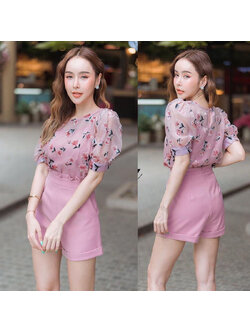 kudapy Set เสื้อแขนสั้นสีชมพู พิมพ์ลายดอกกำมะหยี่+กก.ขาสั้นเอวระบาย