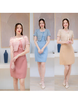 kudapy เดรสสั้นสีฟ้า/สีชมพุ/สีครีม ผ้าทอลายสก๊อตกระโปรงสีพื้น