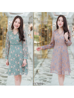 kudapy เดรสสั้นสีชมพู/เขียว แขนยาวตาข่ายปักดอกใส่สบายสวยดูดี