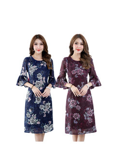 kudapy เดรสไปงานสั้นสีแดงอมม่วง/ สีกรมท่า แขนสามส่วนทรงกระดิ่ง คอกลม พิมพ์ลายดอก มีซับใน ซิบหลังอย่างดีค่ะ