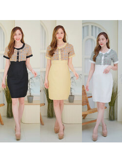 kudapy เดรสสั้นสีขาว/สีเหลือง/สีดำ เดรสทำงานลายสก็อตมีกระดุมกลางอก
