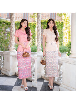 kudapy Set 2 ชิ้น (เสื้อ+กระโปรงยาว) งานผ้าโพลีเอสเตอร์งานพิมพ์ลาย เนื้อผ้าอัดกาว เสื้อคอวี แต่งกระดุมหลอก