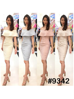 kudapy เดรสสั้นสีครีมนู๊ด/สีกรม /สีแดง/สีชมพู/สีน้ำตาล เดรสออกงานสายเดี่ยวเปิดบ่า แต่งจีบตาข่าย แขนสามส่วนพรางๆ ซิบหลัง ใส่ง่าย