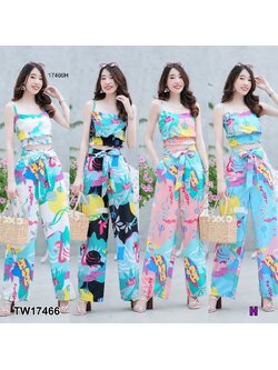 kudapy Set 2 ชิ้น เสื้อครอปสายเดี่ยว + กางเกงขายาว ลายซัมเมอร์กราฟฟิก