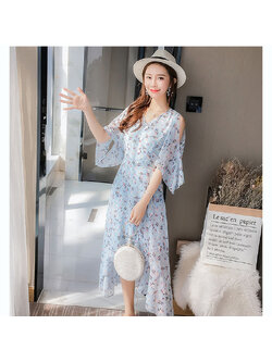 kudapy เดรสสั้นสีฟ้า ผ้าชีฟอง ลายดอกไม้เล็ก แขนกว้าง กระโปรงหน้าสั้นหลังยาว สวยสดใส
