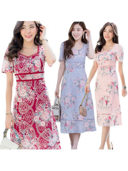 kudapy เดรสยาวคอเหลี่ยมตัวยูสีชมพู,สีขาว สีแดง,สีม่วง ผ้าฉลุลายดอกกุหลาบสวยดูดี