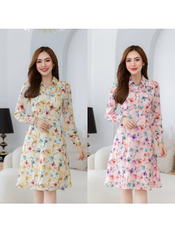 kudapy เดรสคอปกเชิ้ตแขนยาว เป็นกระดุมหน้า ช่วงไหล่มีดีเทลตีเกล็ดแต่งระบายเล็กๆสวย ลายดอกสวยสดใสเนื้อผ้าบางเบา