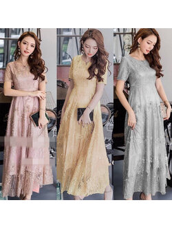 kudapy เดรสยาวสีโรสโกลด์/สีทอง/สีเทา ปักมุก ใช้ผ้าเนื้อดีแต่งลายเพชร ปักดอกไม้มุก กระจายทั่วตัว ช่วงล่างยาวบานพริ้ว