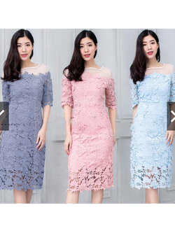 kudapy เดรสลูกไม้สีฟ้าคราม/สีฟ้า/สีชมพูกลีบบัว แขนสามส่วน ไหล่ซีทรูผ้าไหมแก้ว ผ้าลูกไม้