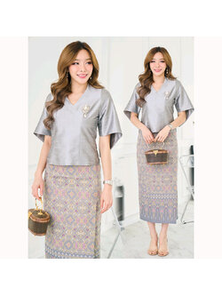 kudapy ชุดเซ็ทเสื้อผ้าไหมแพรทิพย์ สีเทา+ผ้าถุงผ้าฝ้ายทอลายแพรวากาฬสินธุ์