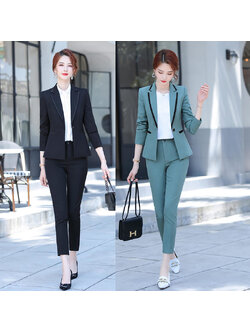 kudapy ชุดสูททำงานผู้หญิงสีฟ้าคราม/สีดำ แต่งขอบดำ สีสุภาพเรียบง่าย