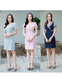 kudapy เดรสสั้นคอปกแขนสั้นจั้มสีชมพู/สีเขียว/สีกรม คอวีปกแขนตุ๊กตาสก็อตใส่สวยดูดีมากๆ