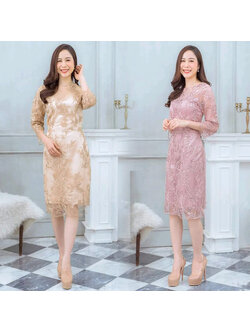kudapy เดรสสั้นผ้าลูกไม้กริสเตอร์แขนสามส่วน สีชมพู/สีครีมทอง เดรสใส่ออกงานผ้าลูกไม้ปักเลื่อม ซับในซาติน ซิบหลังอย่างดี