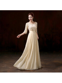 kudapy ชุดราตรียาวสีครีม แขนสามส่วน ลูกไม้ฉลุ กระโปรงผ้าชีฟอง