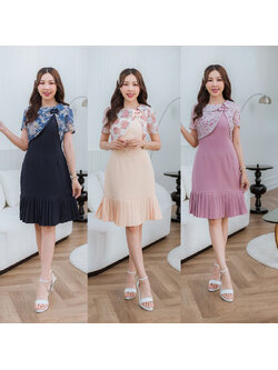 kudapy เดรสสั้นสีชมพู/สีครีม/สีกรม กั๊กติดโบว์ชายพลีท ใส่สวยดูดีน่ารัก