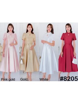 kudapy เดรสสั้นสีแดง/สีชมพู/สีทอง/สีขาว คอจีน รงแขนสั้นบ่าจีบ กระโปรงฟรีสะโพกพริ้วสวย พร้อมกระเป๋าข้าง