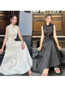 kudapy ชุดเซ็ทเสื้อ+กระโปรงยาว ตัวเสื้อออกแบบให้ดูเกร๋ที่แขนเสื้อ กระดุมดอกไม้ทองเป็นกระดุมจริง ปกเสื้อทรงแหลม