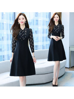 kudapy เดรสสั้นสีดำ ผูกโบว์ แขนยาว กระโปรงคลุมเข่า แนวเรียบร้อย สวยสง่า ใส่ดูดี