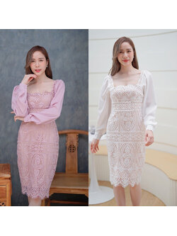 kudapy เดรสสั้นคอลึกสีชมพู/สีขาว เดรสลูกไม้แขนยาว ใส่ออกงานสวยดูดี