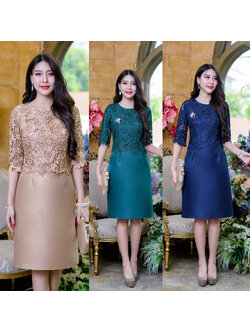 kudapy เดรสสั้นสีกรม/สีเขียว/สีน้ำตาลทอง/สีเหลืองทอง ผ้าไหมคลุมลุกไม้แขนศอก เป็นลูกไม้เงาปักเลื่อมเป็นเลื่อมใส่เม็ดเล็ก