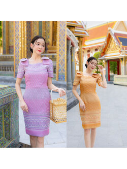 kudapy เดรสสั้นสีเหลือง/สีชมพู ผ้าลายไทย ทรงเข้ารูป ผูกโบว์ส่วนหัวไหล่ดีเทลเป๊ะ งานซิปด้านหลัง เดรสผ้าไทยทรงสอบกระดุม3เม็ด