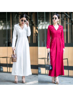 kudapy จั้มสูทขายาวสีขาว/สีแดง แต่งกระดุมช่วงอก ปกวี ซิปด้านหลัง