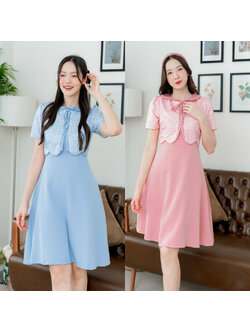 kudapy เดรสสั้นสีชมพู/สีฟ้า/สีกรม สีพื้นกระโปรงบานกั๊กผ้าไทยผูกโบว์