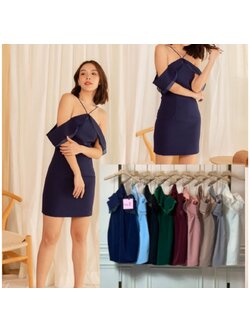 Kudapy ชุดเดรสสายเดี่ยว คอสามเหลี่ยมแต่งระบายผ้าออแกนดี้ เดรสผ้าฮานาโกะ กปสั้น สีชมพู, โอรส, ฟ้า,แดงเลือดหมู ,เขียว