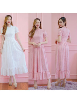 kudapy เดรสยาวสีชมพู/สีขาว ลูกไม้คอระบายแขนจั๊ม