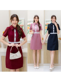 kudapy เดรสสีชมพู/สีแดง/สีดำ พื้นคอปกแต่งกระดุม 4 ชิ้น ใส่สบายสวยดูดีน่ารักมากๆ