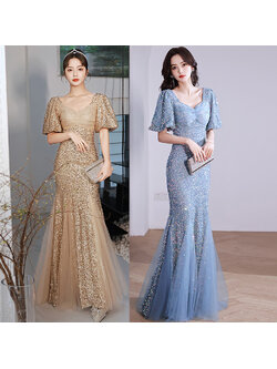 kudapy เดรสยาวสีทอง/สีฟ้า ผ้าปักเลื่อม สวยเรียบหรูดูแพง ใส่งานกลางวัน กลางคืน งานแต่งงาน ชุดราตรี