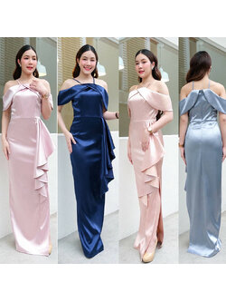 kudapy เดรสยาวสีกรมสีชมพู/สีโรสโกล/สีฟ้า เปิดไหล่ แต่งจีบเอวสวยดูดี ใส่ออกงานเป้มากๆ ดูดีทุกงาน