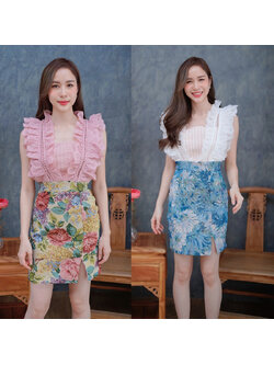 kudapy เดรสสั้นสีครีม/สีฟ้า แขนระบายลูกไม้กระโปรงผ้าทอ