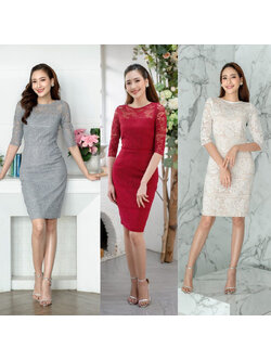 kudapy เดรสสั้นสีแดง/สีขาว/สีเทา ซับใน ลายดอกไม้สลับลายขวาง คอปาด แขนสี่ส่วน กระโปรงเข้ารูปทรงสอบ สวยแพงคลาสสิคสุดๆ