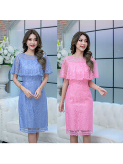 kudapy เดรสสั้นสีชมพู/สีฟ้า ลูกไม้ปักซีทรู ดีไซน์คลุมไหล่สวยๆเก๋ๆ อำพรางต้นแขนได้ดี รุ่นนี้ลายผ้าเรียบง่ายแต่สวยสไตล์เรียบหรู