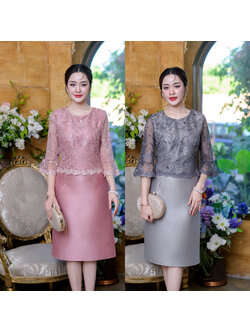 kudapy เดรสสั้นสีชมพูโรสโกล/สีเทา ผ้าไหมญี่ปุ่น ดีไซน์ด้านบนเย็บคลุมด้วยลูกไม้ช่วงแขน