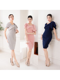 kudapy เดรสสั้นใส่ออกงานสีเทา/สีชมพู/สีกรม เดรสใส่ออกงาน สวยดูดี ทรงเอ เข้ารูป งานมีซับใน ซิบหลัง