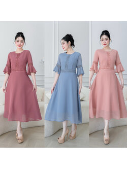 kudapy เดรสยาว ผ้าชีฟอง แต่งคาดลูกไม้ทั้งชุด ผ้าเบาใส่สบายใส่ได้ทั้งวัน มีซับในอย่างดี ซับในยาว