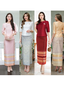 kudapy ชุดเซ็ทเสื้อ+ผ้าถุงสีแดง/สีขาว/สีเหลืองทอง/สีพิ้งค์โกลค์ ผ้าไหมญี่ปุ่นเนื้อทราย ตัวเสื้ออัดกาวทั้งตัวมีซับใน คอปาดแขนจับจีบ มีชิปหลังใส่สบาย