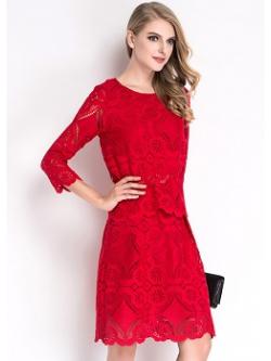 kudapy set เสื้อและกระโปรงสีแดง เสื้อผ้าถักโครเชต์ลายดอก