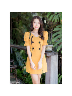 kudapy เดรสสั้นสีเหลือง คอวีแขนสม็อคสวยเซ็กซี่ดูดีมากๆ