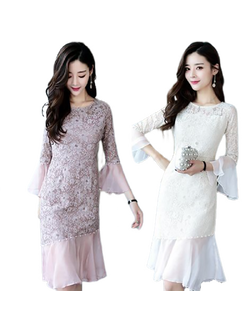 kudapy เดรสสั้นสีครีมเบจ/สีชมพูม่วง ผ้าลูกไม้ เข้ารูป แนวเรียบหรู สวยหวาน ดูดี ใส่ไปงานแต่งงานเช้า ใส่ออกงาน