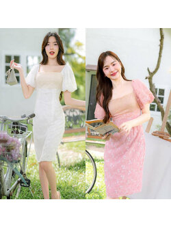 kudapy เดรสสั้นสีขาว สีชมพู ผ้าลายลูกไม้แต่งแขนตุ๊กตา ใส่เที่ยว ออกงานสวยดูดี