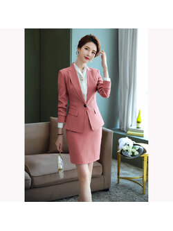 kudapy ชุดสูททำงานผู้หญิงสีแดงอบชมพูลายทางปกป้านพร้อมกระโปรง