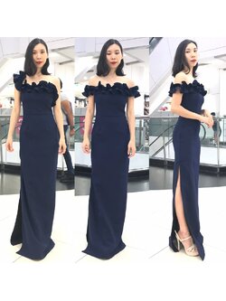 kudapy เดรสยาวสีน้ำเงิน เดรสออกงาน ใส่เป็นแขนกุดก็สวยใส่เป็นเปิดไหล่ก็ดูดี