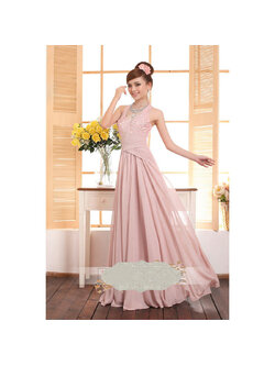 kudapy ชุดราตรียาวสีชมพู คล้องคอ Nude pink แต่งลูกไม้ช่วงอกสวยดูดีมากๆ