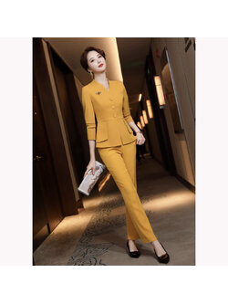 kudapy ชุดสูททำงานผู้หญิงสีเหลืองแบบไม่มีปกพร้อมกางเกง