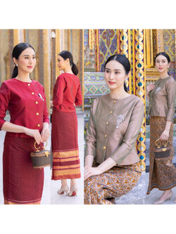 kudapy ชุดเซ็ท เสื้อผ้าไหมแพรทิพย์เกรดพรีเมี่ยมอัดกาว กระดุมทอง+ผ้าถุงเย็บสำเร็จทอลายอัดกาว ตะขอซิปหลัง