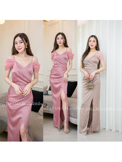 kudapy เดรสยาวสีน้ำตาล/สีชมพู ชุดราตรีแต่งปาดไหล่มุ้ง หาชุดออกงานสวยๆ งานดีมีซับในใส่สวย